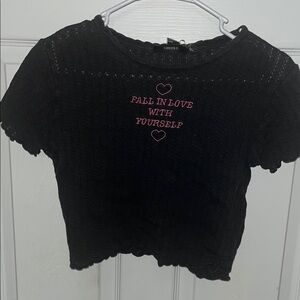 Forever 21 Black Tee with Pink Heart Embroidery